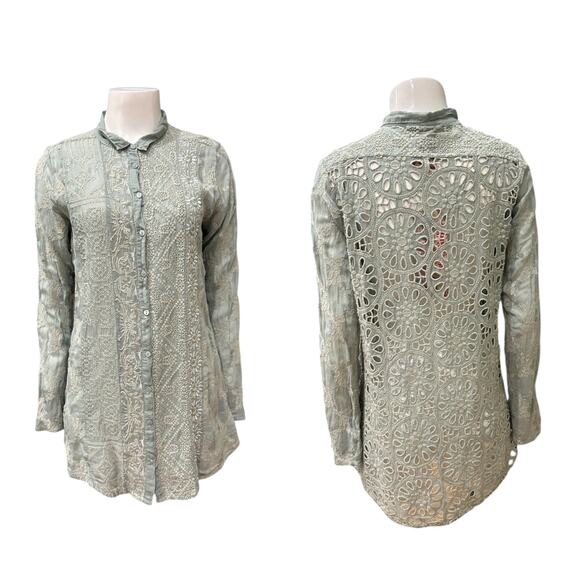Johnny Was Sage Green Embroidered Button Down Tunic Top NWT $229 / Small – - Picture 3 of 5